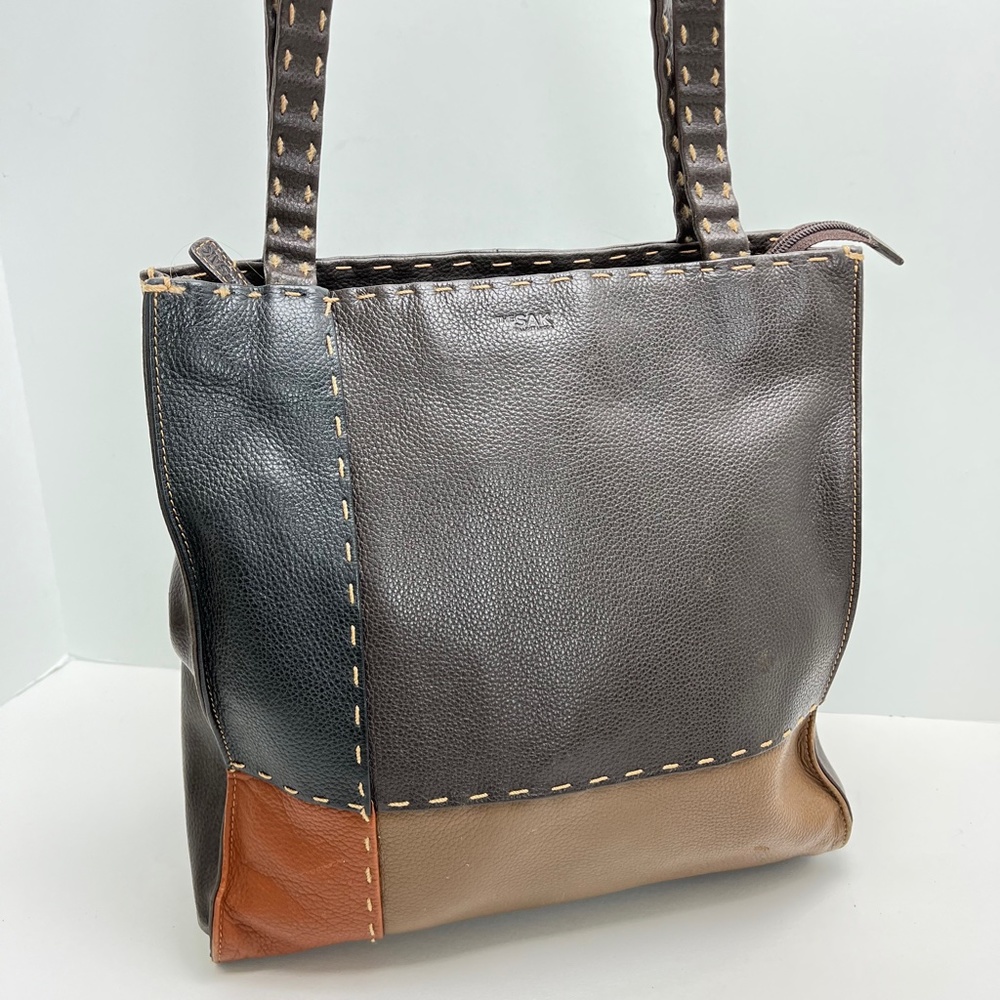 THE SAK Brown Color Block Shoulder Bag Genuine Leather Tote Purse Handbag